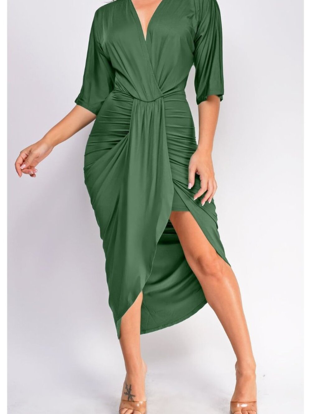NWT Dress Day Emerald Green V-Neck Draped Midi Dress Size Large